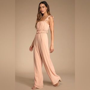 NWT Lulu’s • Stun with Elegance Blush Ruffled Tie-Back Wide-Leg Jumpsuit